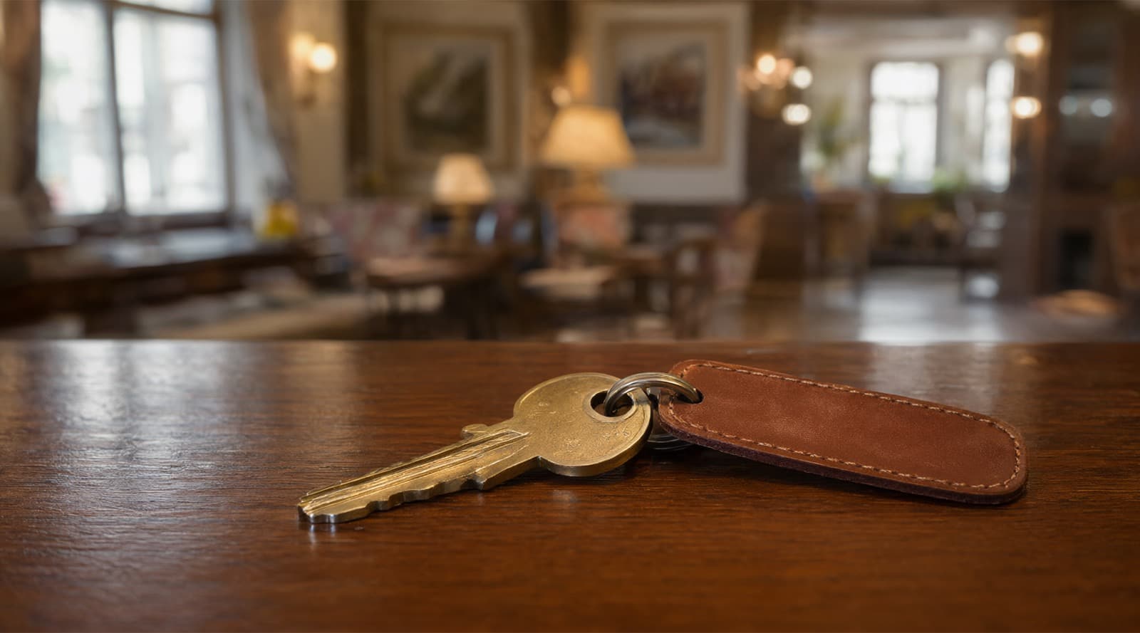 Messingschlüssel mit Lederanhänger auf einer Holztheke in einer Hotellobby