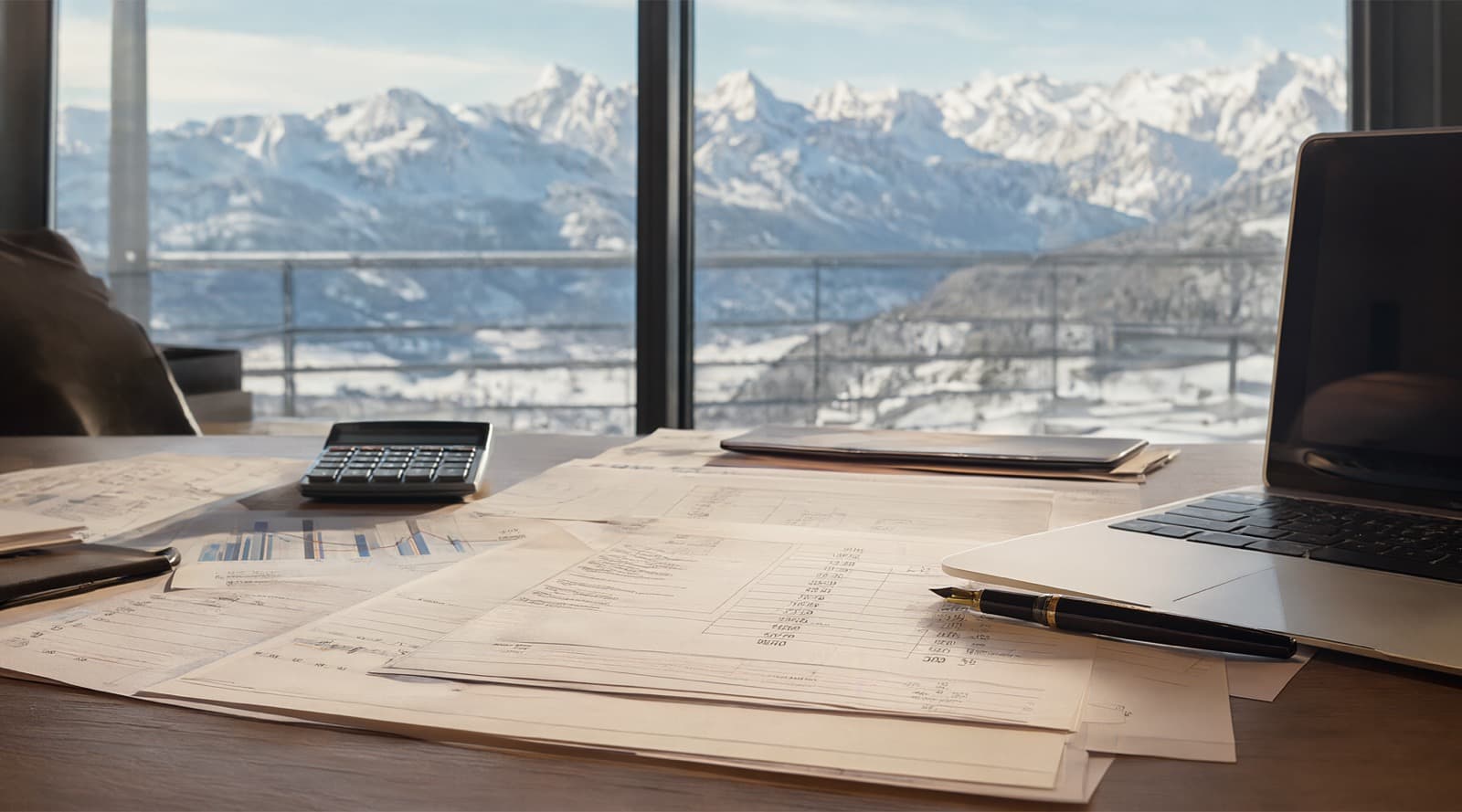 Schreibtisch mit Finanzunterlagen, Taschenrechner und Füller vor verschneiten Alpengipfeln