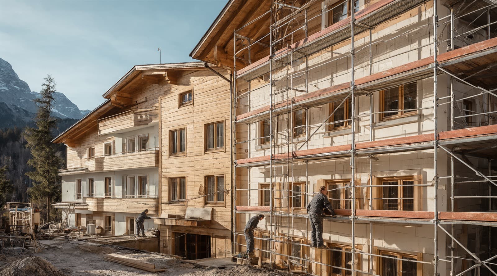 Alpenhotel mit Baugerüst und neuer Holzfassade, Handwerker bei der Arbeit